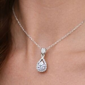 Stunning 1Carat Moissanite Teardrop Halo Pendant Sterling Silver 925